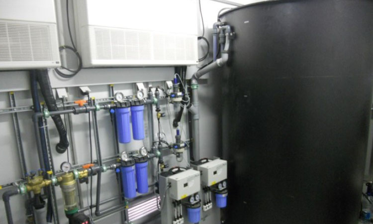 Mobile water treatment in an ISO container; inside view.